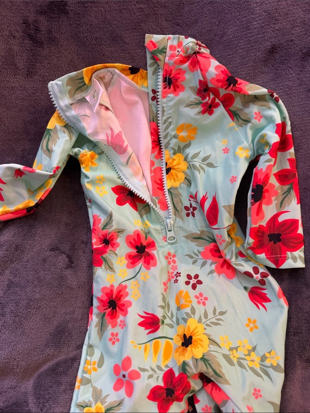 Girls' Floral Long-Sleeve One-Piece Swimsuit in Mint with Pink & Yellow Flowers